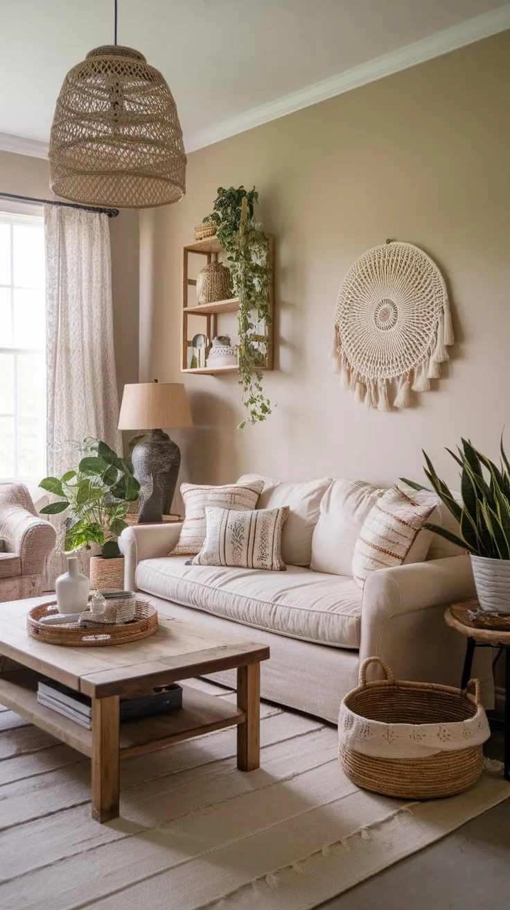 A beige-toned living room blends farmhouse simplicity with boho charm through natural textures, vintage accents, and potted plants.