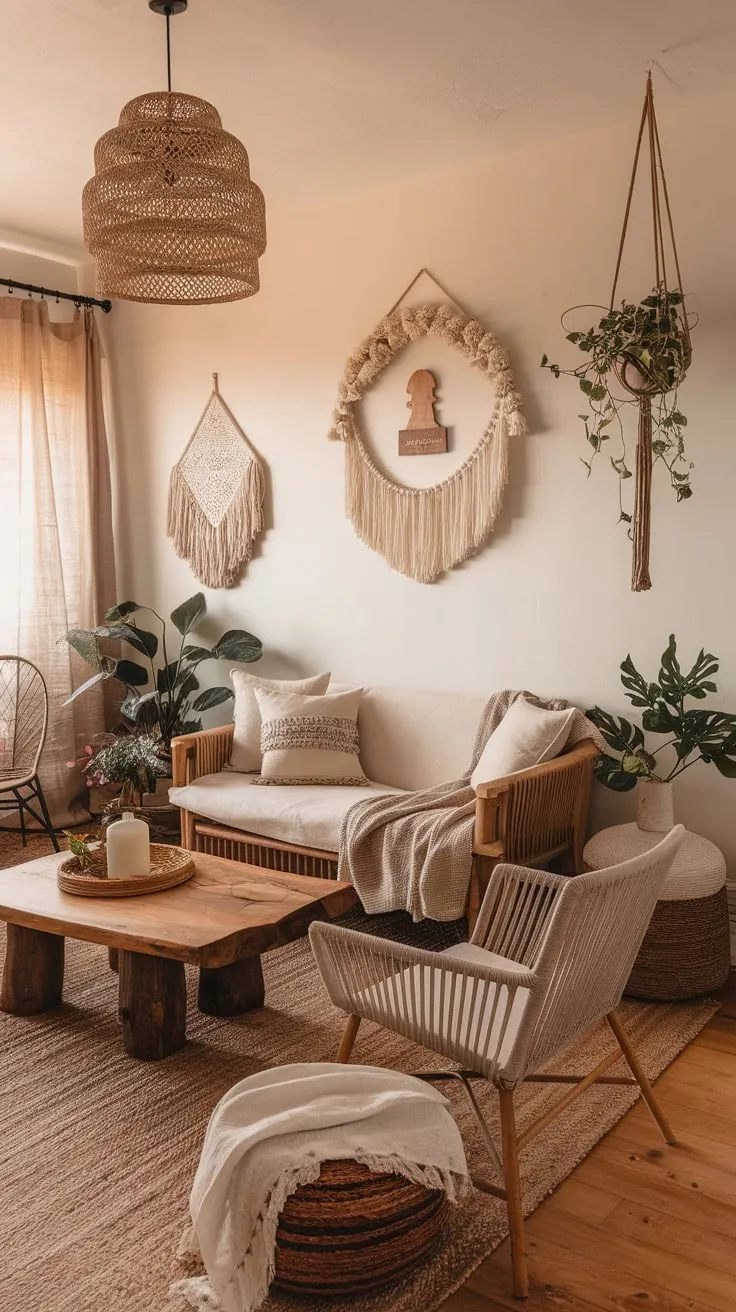 Warm lighting, woven textures, and simple boho accents create a cozy farmhouse living room.