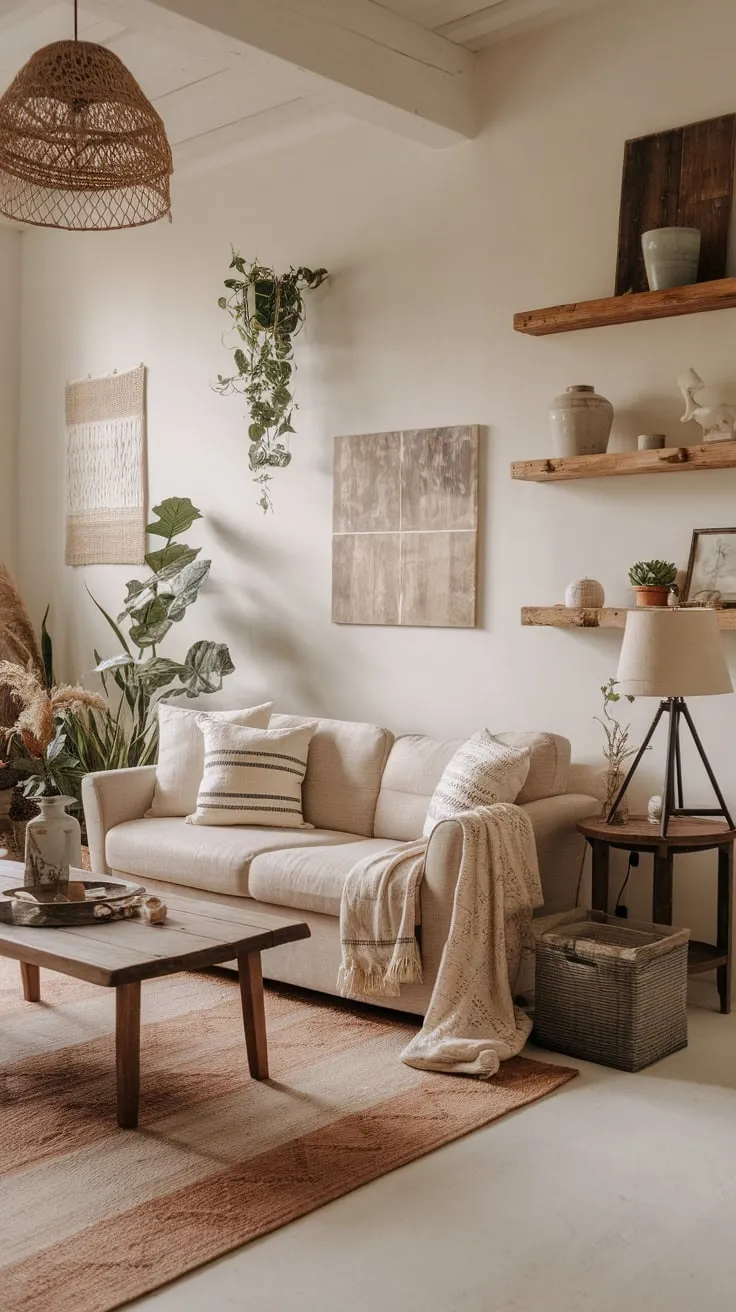 A calm boho farmhouse living room features natural elements, simple decor, and a cozy ambiance.