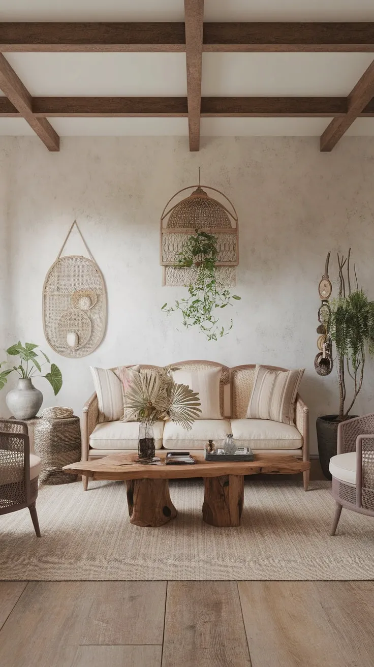 A beige sofa, wooden coffee table, and natural accents define this cozy boho farmhouse living space.