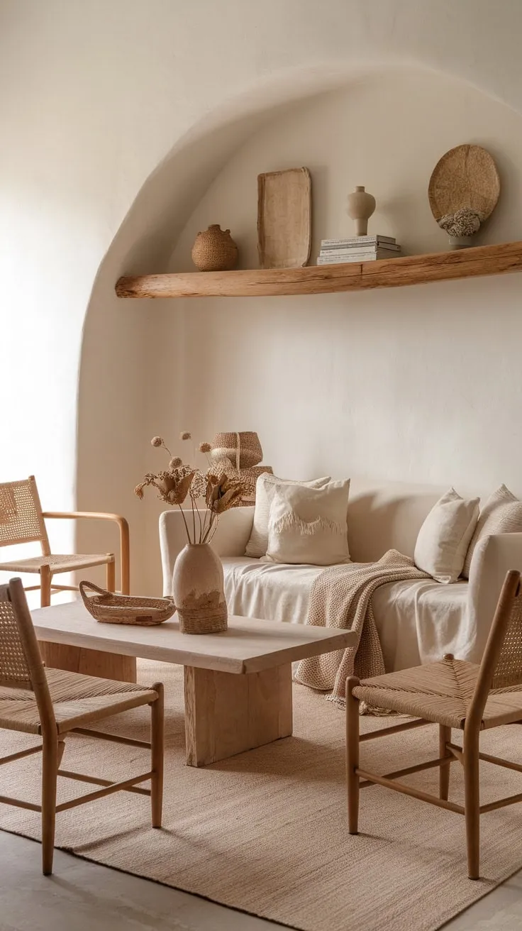 A beige sofa and woven accents create a calming boho farmhouse living room with a natural, chic aesthetic.