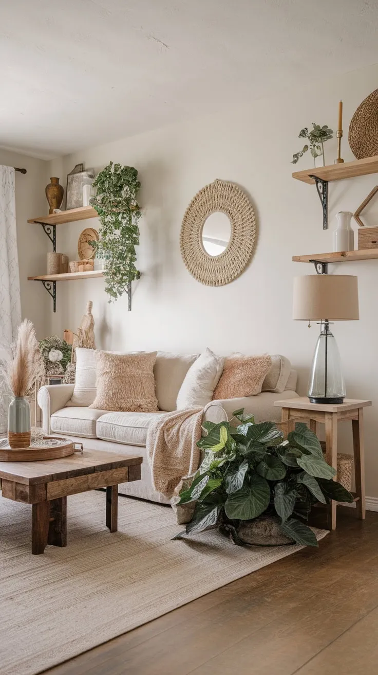 A white-walled living room blends farmhouse simplicity with boho style through cozy textiles, wooden accents, and lush greenery.