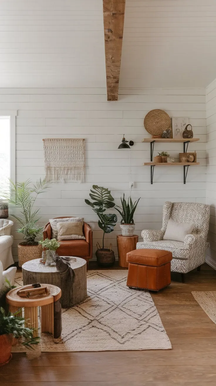 A neutral boho farmhouse living room blends natural textures, wooden accents, and eclectic furnishings for a charmingly chic space.