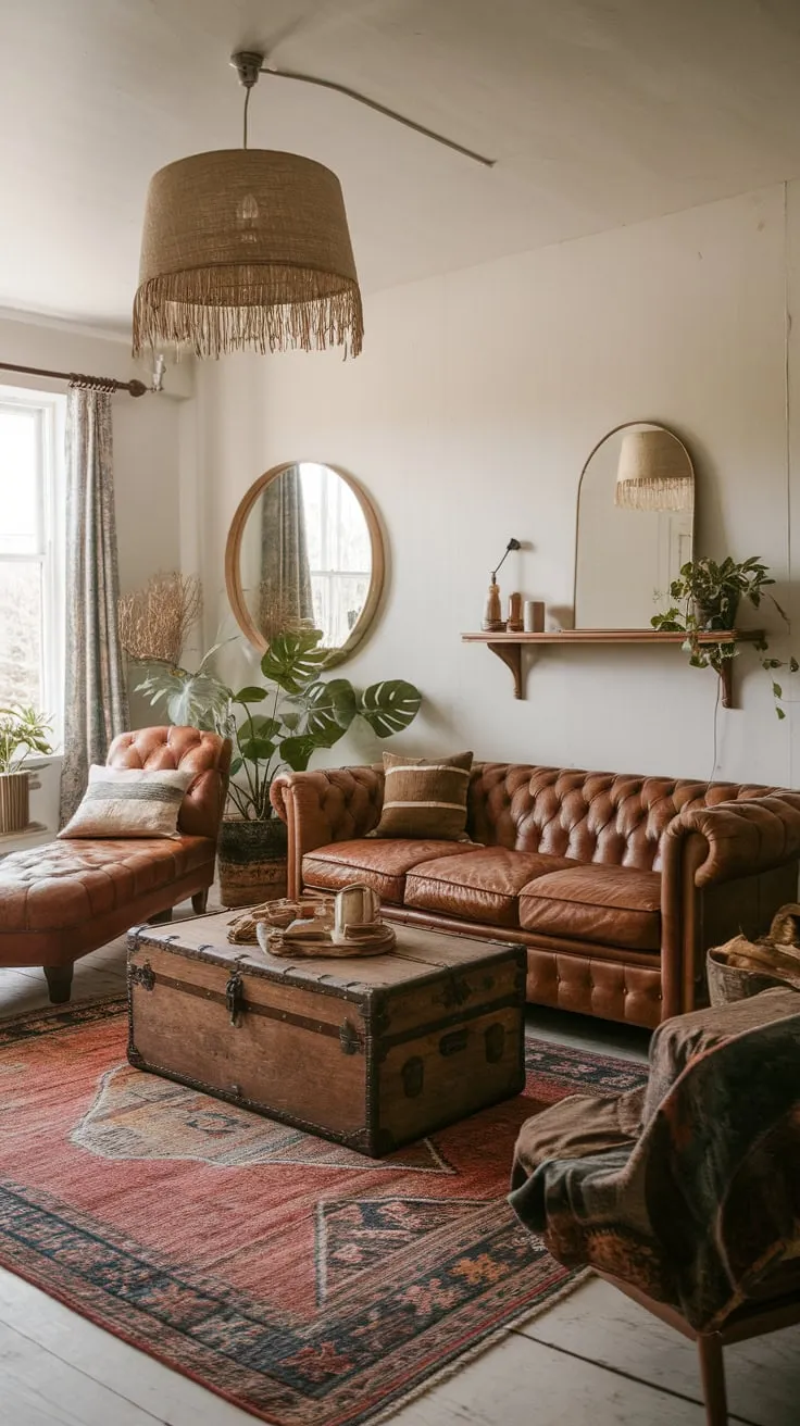 A leather sofa, chaise lounge, and repurposed trunk coffee table create a relaxed boho farmhouse living room with a natural, vintage vibe.