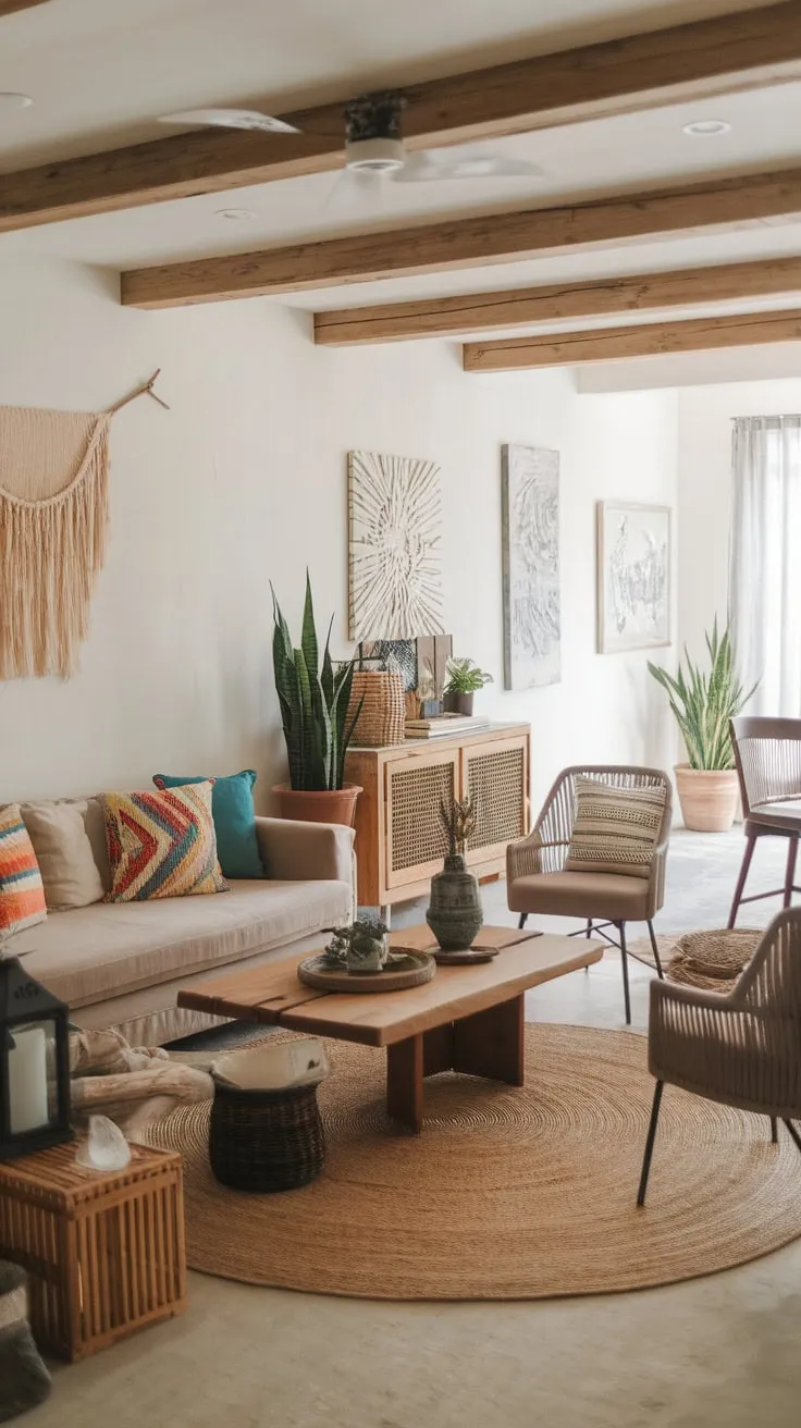 A beige sofa, wooden accents, and pops of color create a relaxed yet stylish boho farmhouse living space.