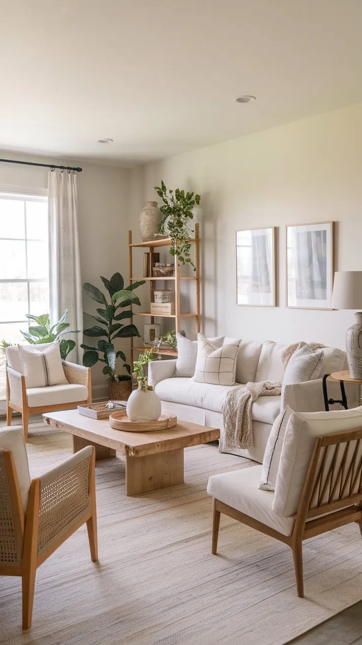 A white-walled living room blends farmhouse simplicity with boho charm through natural decor, comfy seating, and pops of greenery.