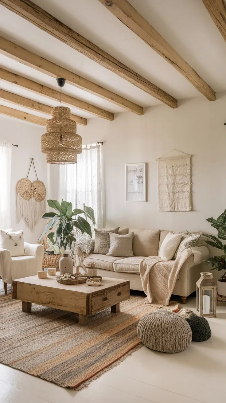 A white-walled living room blends farmhouse charm with boho style through wooden accents, a neutral palette, and carefully placed plants.