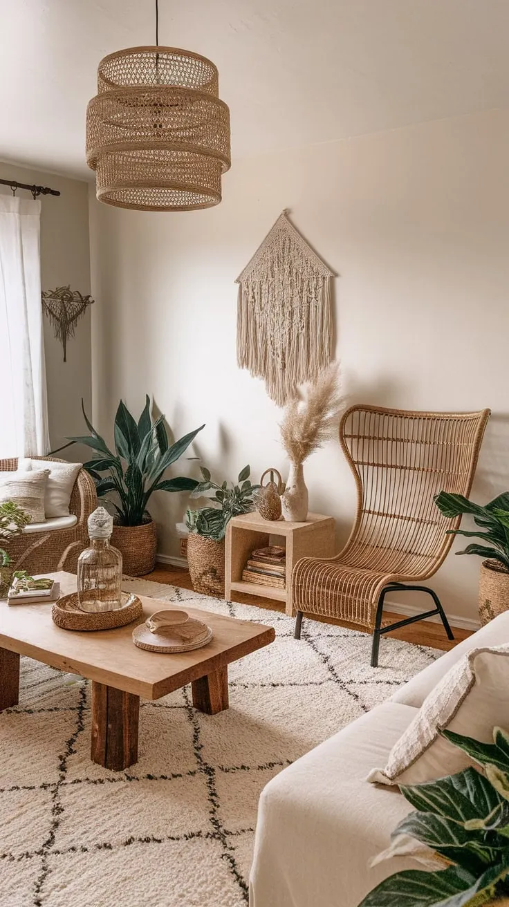 Earthy tones, natural textures, and simple decor create a serene boho farmhouse living room.
