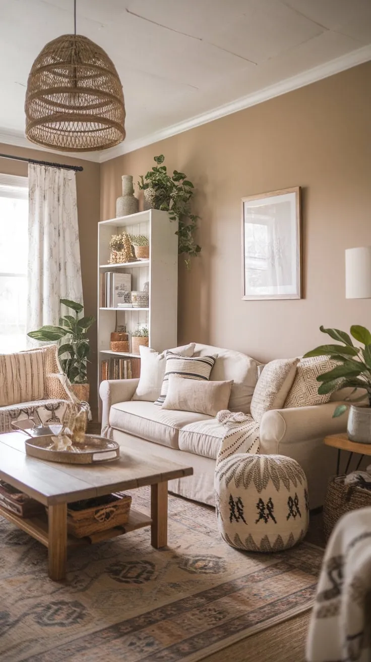 A beige-toned living room blends farmhouse simplicity with boho charm through patterned pillows, a wooden coffee table, and potted plants, creating a relaxed Southern aesthetic.