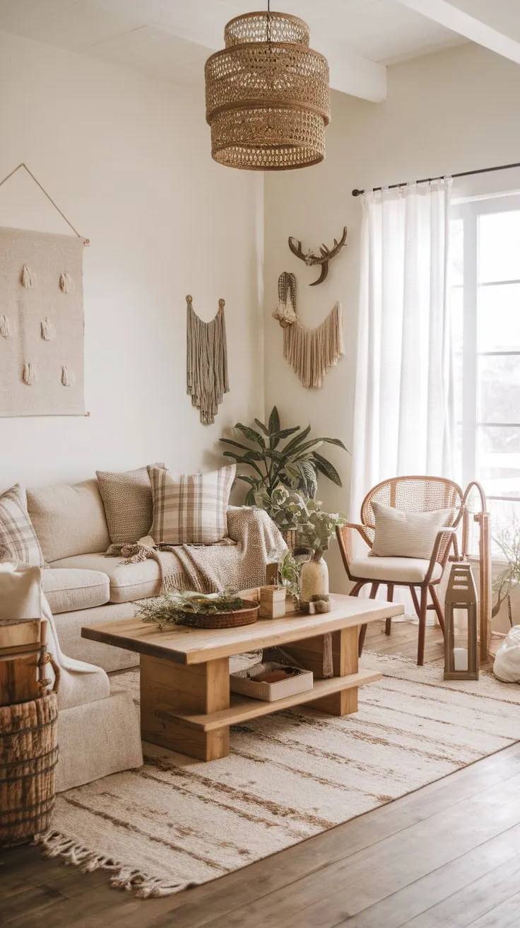A cozy boho farmhouse living room blends natural textures and simple decor for a relaxed yet stylish atmosphere.