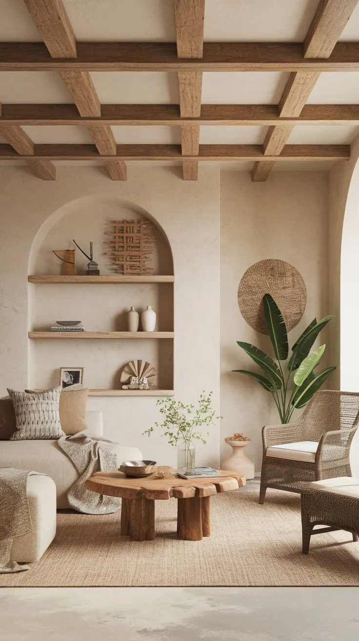 A cozy boho farmhouse living room blends natural textures, wooden accents, and simple decor for a charming, relaxed atmosphere.