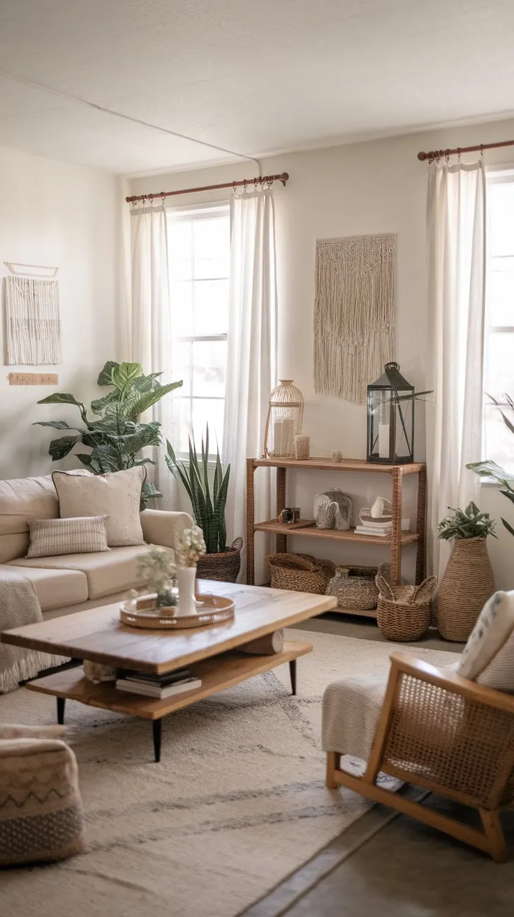 Natural textures and simple boho accents create a serene farmhouse living room.