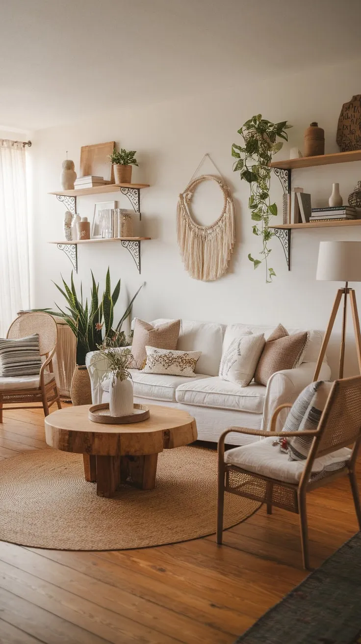 A white sofa, patterned cushions, and wooden accents create a charming boho farmhouse living room with a natural, simple aesthetic.