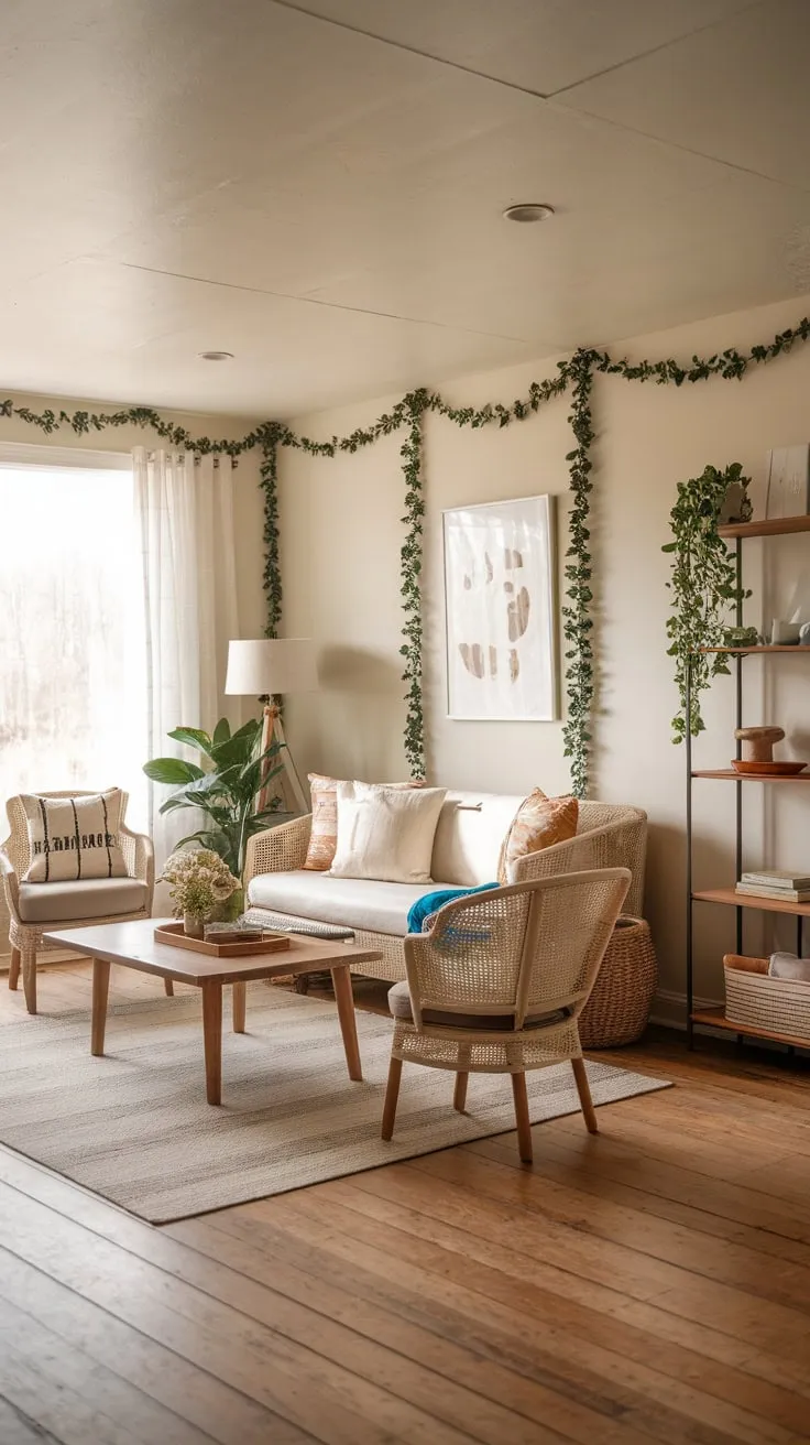 Warm wood floors and simple boho décor create a cozy farmhouse living room, inviting relaxation with natural elements and comfortable seating.