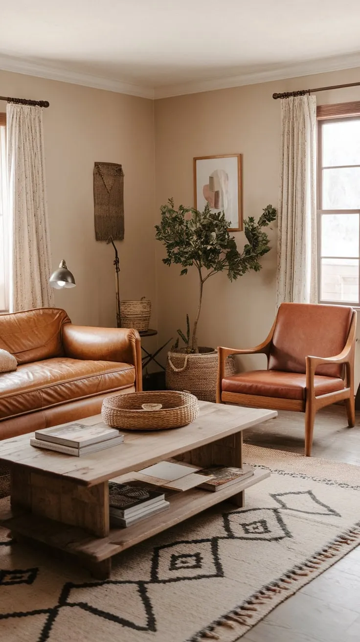 A light beige living room blends boho simplicity and farmhouse charm with a wooden coffee table, leather couch, and geometric rug.
