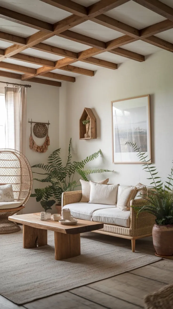 A blend of farmhouse simplicity and boho textures defines this inviting living room, complete with wooden accents and soft lighting.
