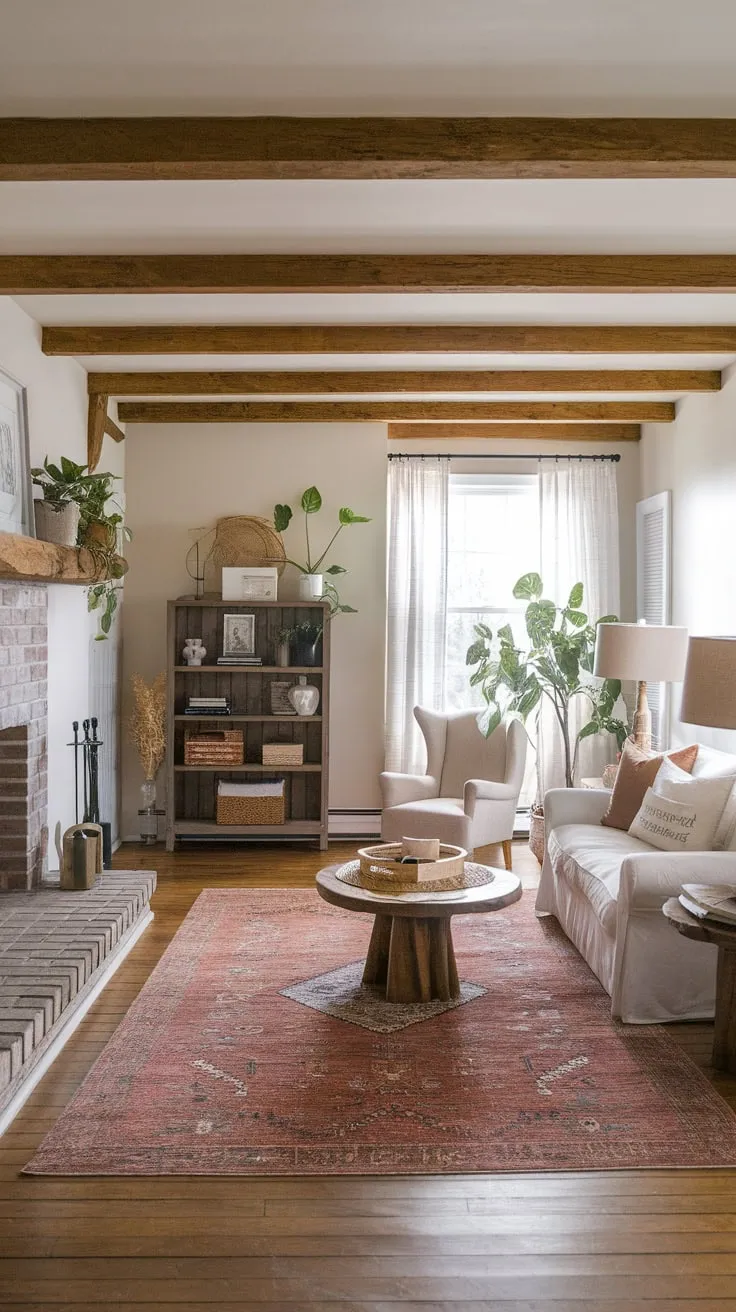 A blend of farmhouse charm and bohemian flair defines this living room, showcasing natural materials and eclectic décor in a warm and inviting space.