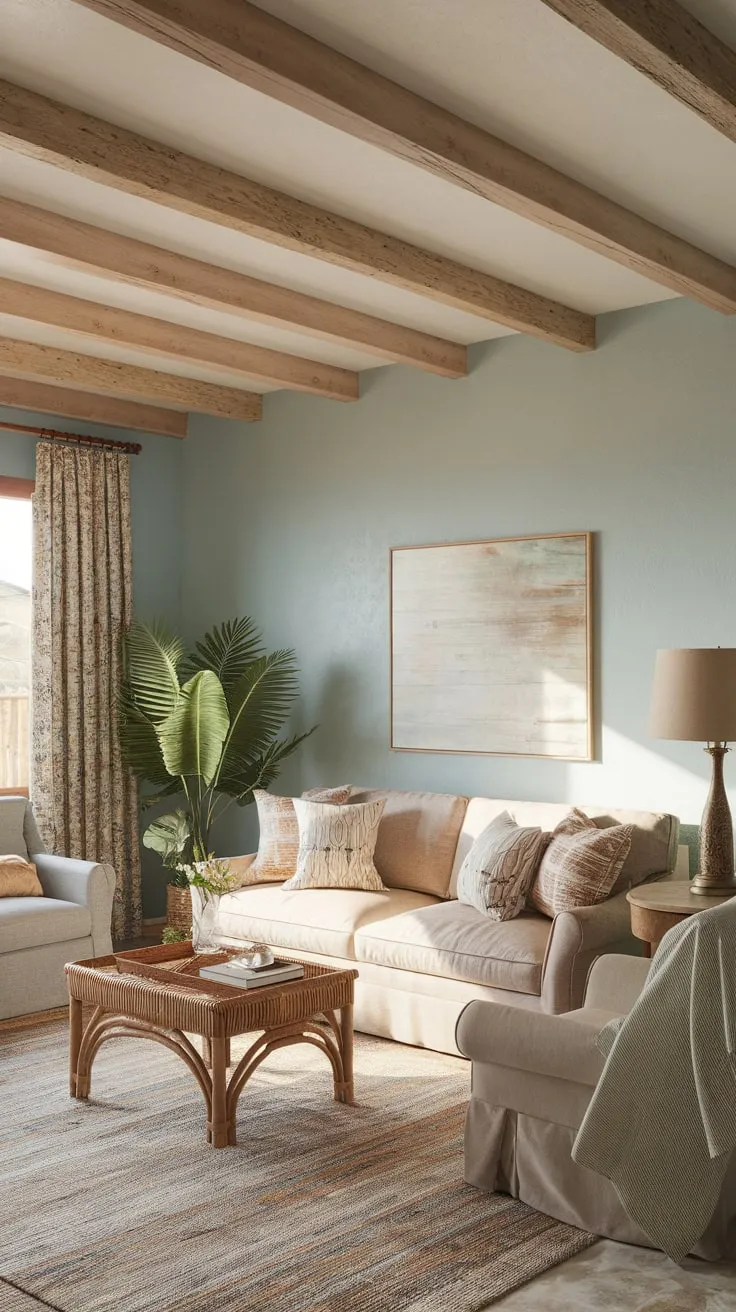 A vintage-inspired lamp and lush greenery complete the relaxed yet stylish boho farmhouse aesthetic in this light blue living room.