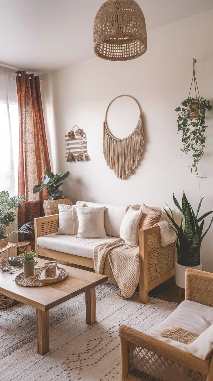 A cozy apartment living room blends boho simplicity with farmhouse charm through natural wood and abundant greenery.