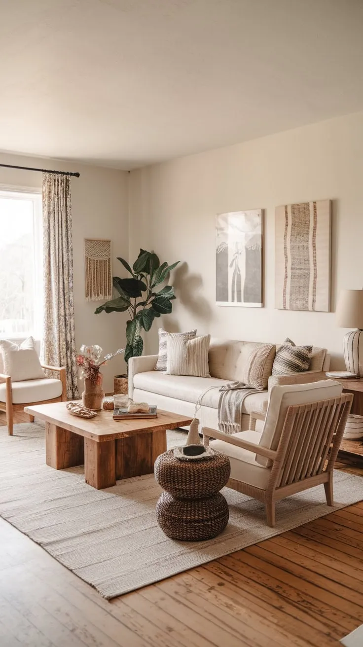 A beige couch, wooden floors, and simple boho accents create a charming farmhouse living room with a natural, chic aesthetic.
