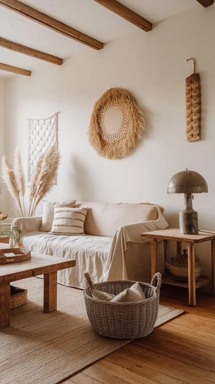 A beige sofa, wooden coffee table, and vintage lamp create a cozy boho farmhouse living room with natural textures and simple decor.