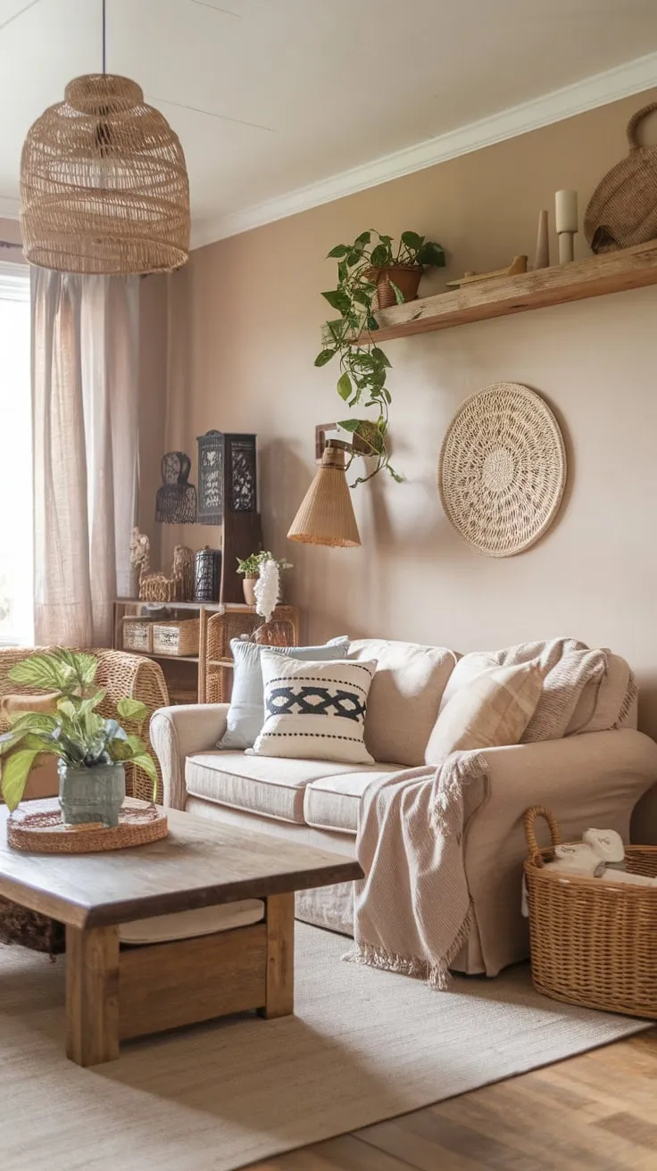 A soft beige palette, natural textures, and vintage finds create a relaxed boho farmhouse living space.