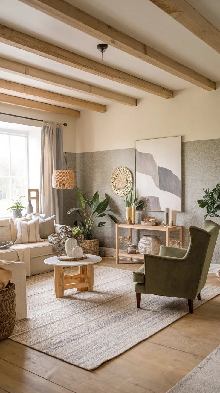 A beige and gray living room blends farmhouse charm with boho simplicity, featuring wooden beams, a neutral sofa, and pops of green amidst plants and natural decor.