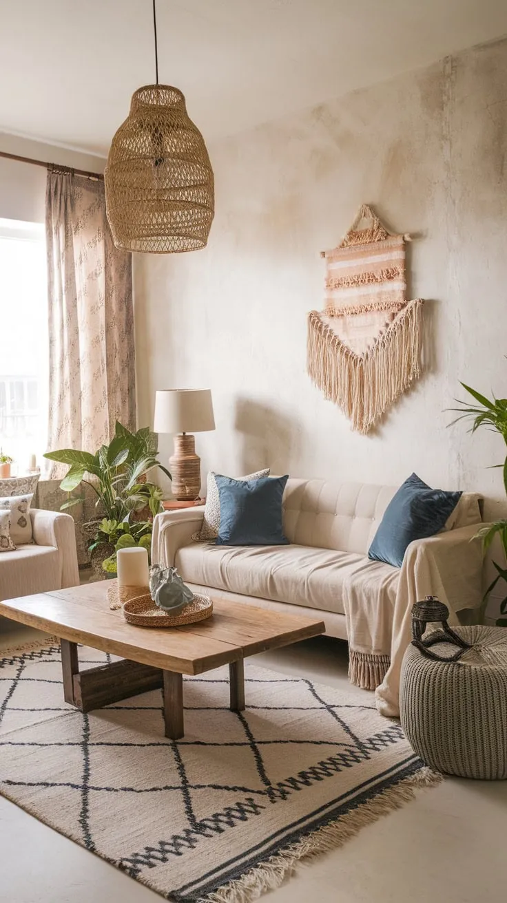 A beige sofa, blue cushions, and geometric rug create a calming boho farmhouse living room with a natural, simple aesthetic.