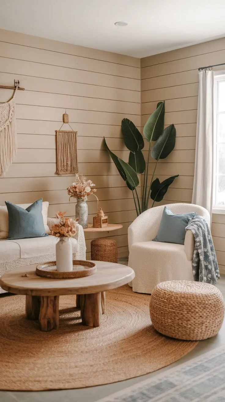 Beige shiplap walls, a beige sofa with blue accents, and simple boho décor create a charming farmhouse living room.