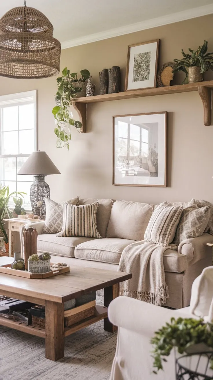 A beige-walled living room blends Southern farmhouse charm with boho style through patterned cushions, a wood coffee table, and vintage accents.