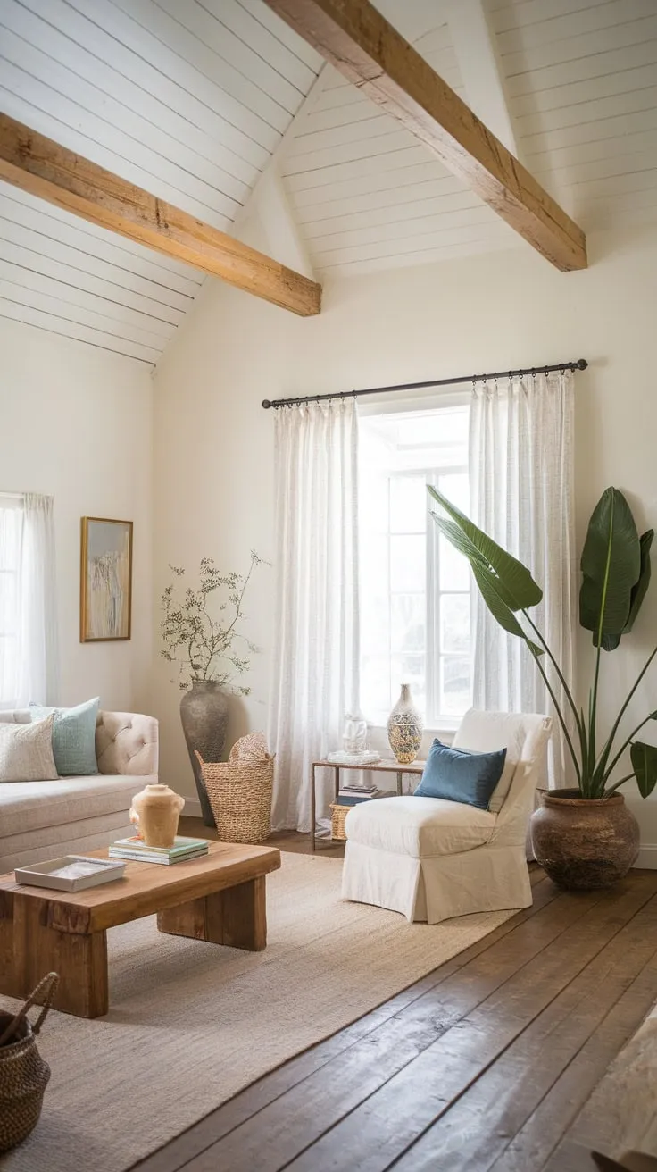High ceilings and white walls highlight a cozy boho farmhouse living room, where wooden beams, a beige sofa, and pops of color create a charming, lived-in aesthetic.