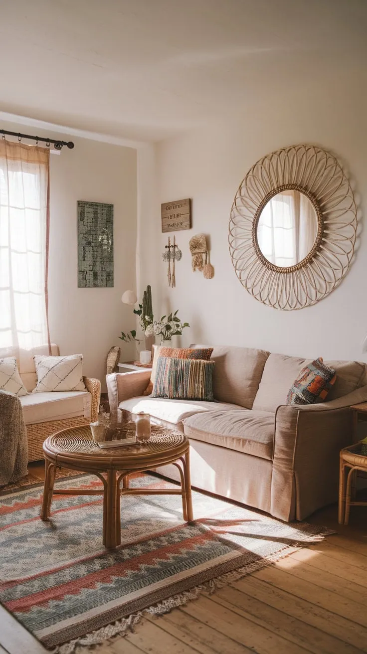 A boho farmhouse living room blends natural light, vintage accents, and cozy textures for a relaxed yet stylish atmosphere.