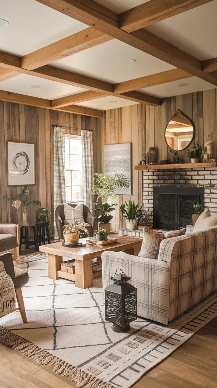 Warm wood, cozy textures, and eclectic boho accents create a charming farmhouse living room.