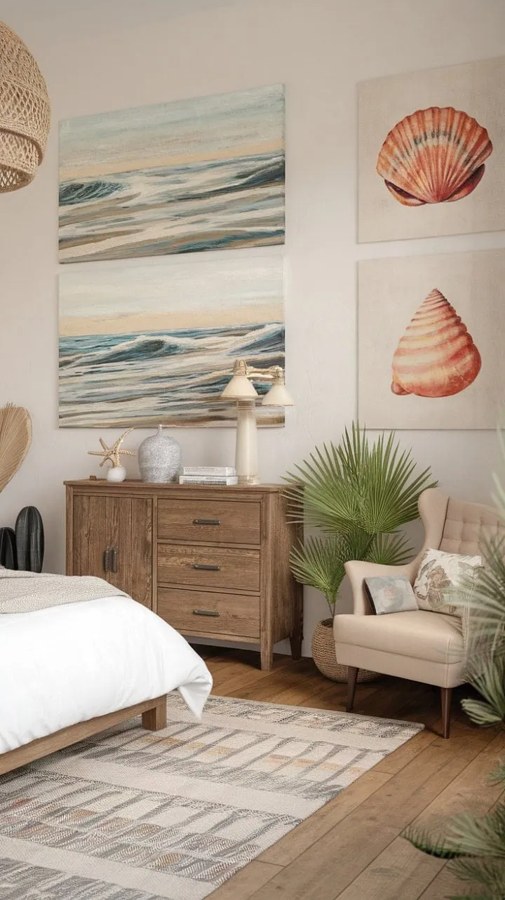 Escape to a tranquil boho farmhouse bedroom where soothing whites, natural woods, and ocean-inspired art harmonize for a serene retreat.