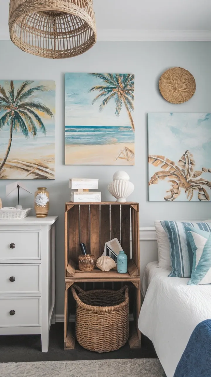 This boho farmhouse haven harmoniously blends ocean breezes and rustic elegance with light blue walls and eclectic decor, creating a dreamy summer retreat.