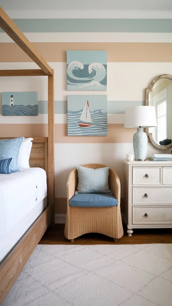 Escape to a serene boho farmhouse beach room where the soothing sound of waves lulls you into restful nights and refreshing mornings.