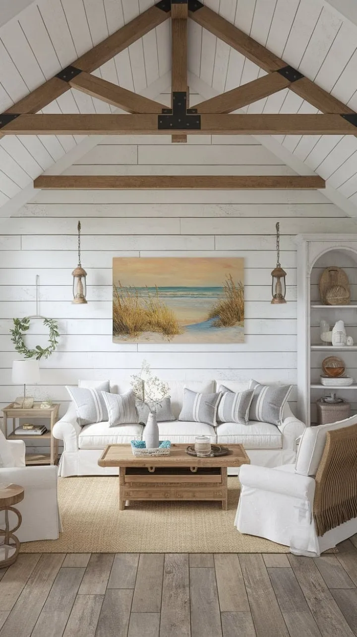 This sunlit retreat blends coastal charm with farmhouse serenity, inviting relaxation amidst elegant decor and soothing beach-inspired elements.