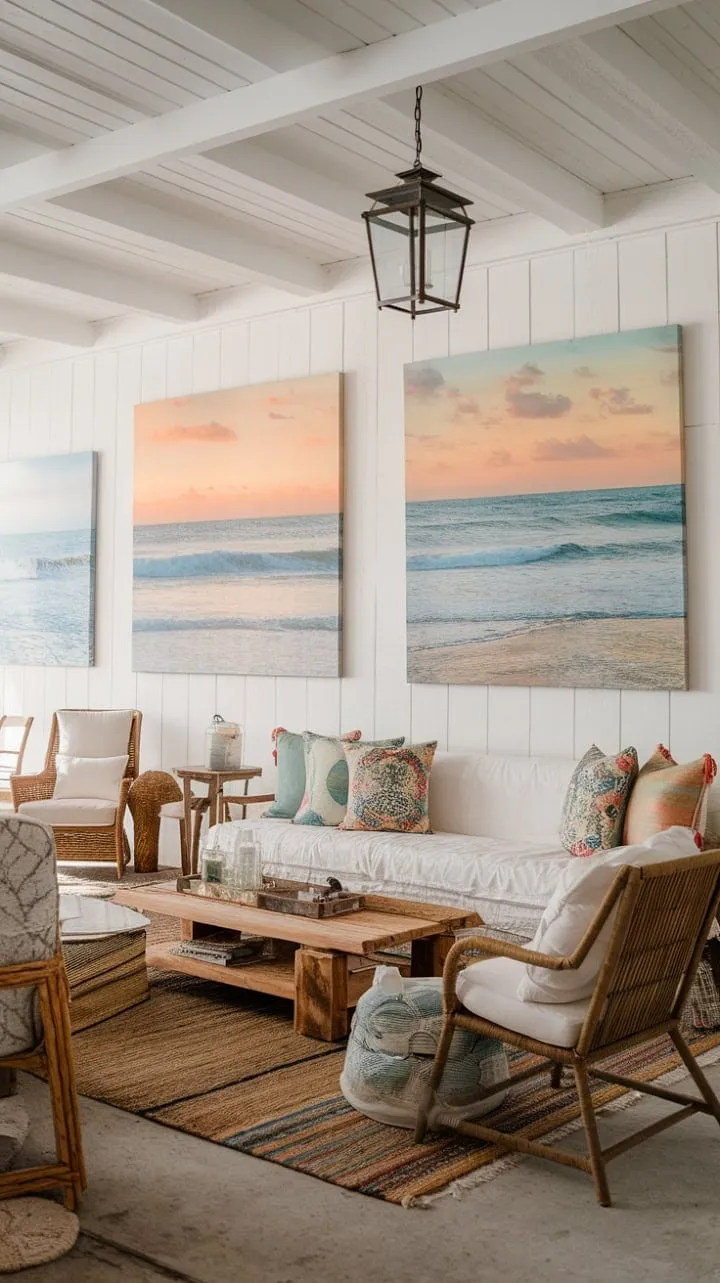 Escape to a serene boho farmhouse where calming ocean hues and natural textures create a peaceful sanctuary for unwinding and savoring life's simple pleasures.