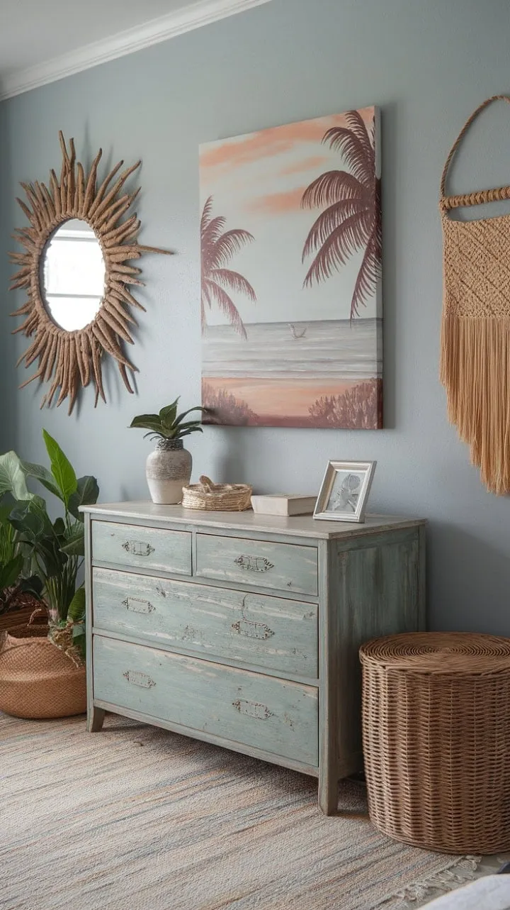 This boho farmhouse bedroom, with its soft blue walls and beach-inspired decor, offers a serene coastal retreat that beautifully blends comfort and nature.