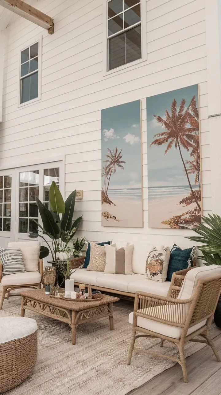 Escape to a serene boho farmhouse retreat where coastal charm and natural elegance blend seamlessly for a tranquil getaway.