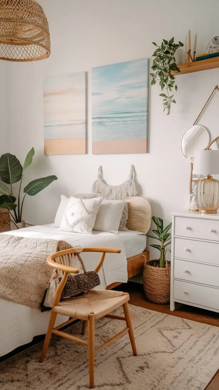 This sun-kissed bedroom harmoniously fuses farmhouse charm with coastal breeziness, creating a serene sanctuary that invites relaxation and a laid-back lifestyle.