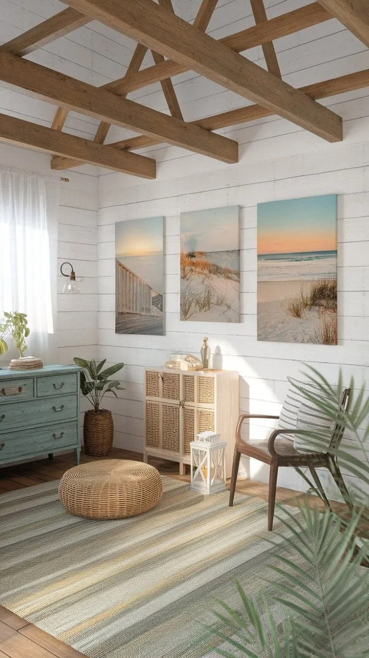 This boho farmhouse harmoniously fuses rustic wood warmth with coastal serenity, crafting a stylish sanctuary of comfort and elegance.