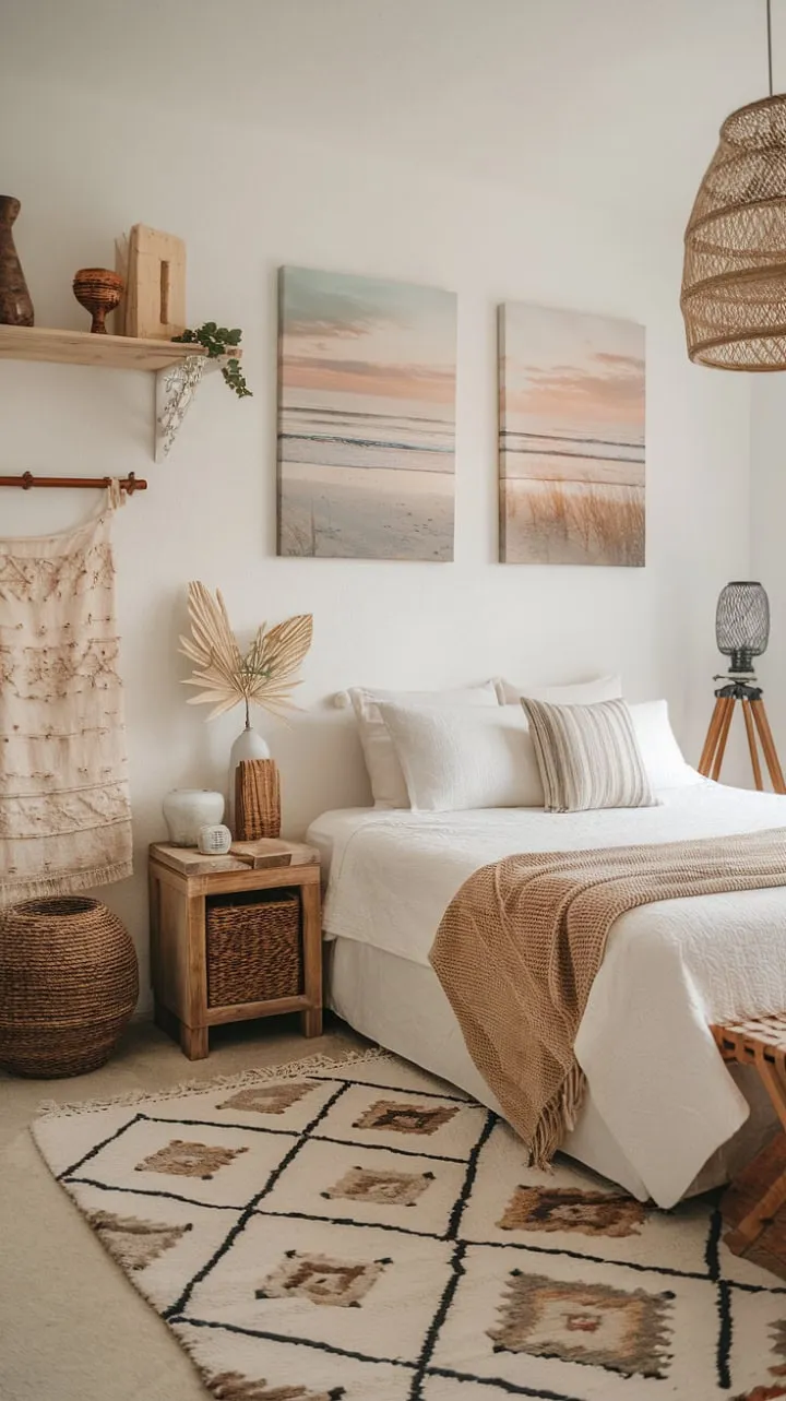 Escape to a serene boho farmhouse where woven textures and driftwood accents harmonize for the ultimate coastal retreat.