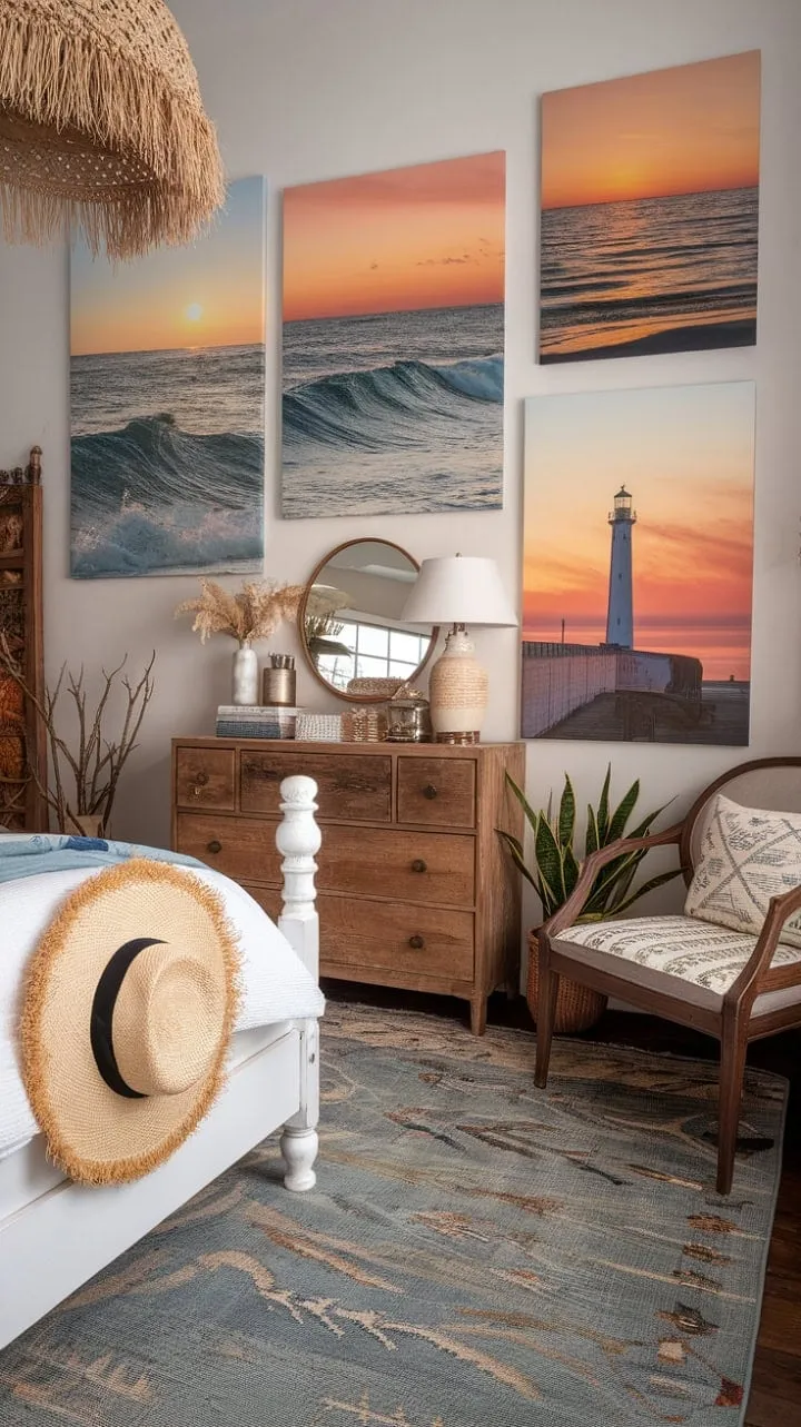 Discover tranquility in a beautifully curated boho farmhouse bedroom, where beach-themed art and natural elements blend to create a serene coastal sanctuary.