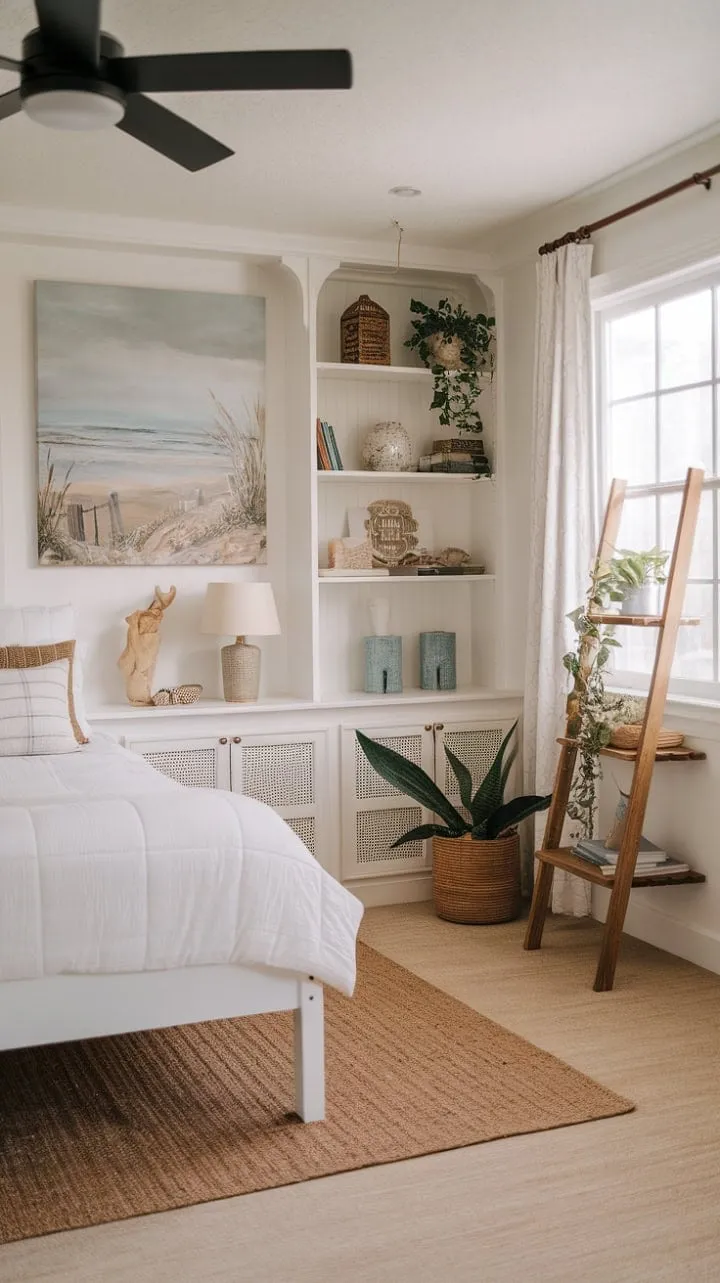 This serene bedroom harmoniously blends coastal charm with farmhouse tranquility, featuring woven textures and beach-inspired art for an effortlessly stylish retreat.