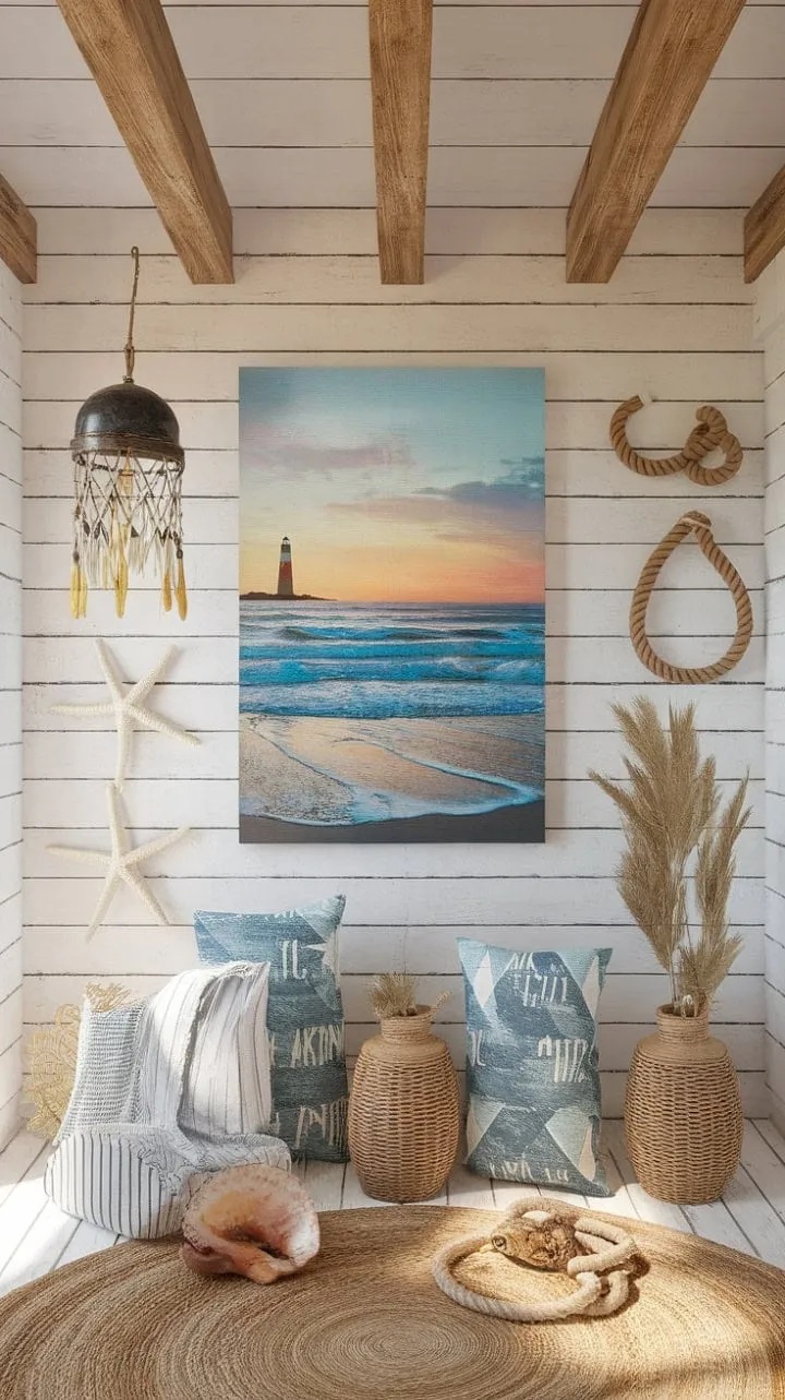 This tranquil retreat beautifully fuses coastal charm with farmhouse coziness, creating a warm haven adorned with sunset hues and nautical accents.