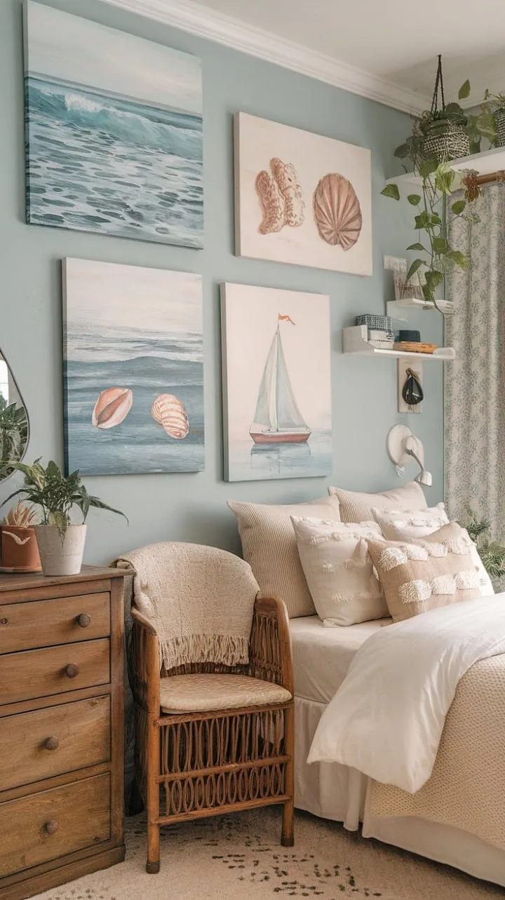 Awaken to a serene beach-inspired sanctuary where calming blues and rustic charm harmonize for the ultimate coastal retreat.