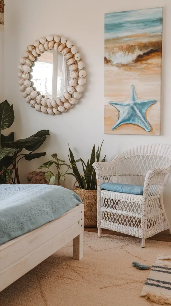 Escape to a boho farmhouse haven where calming coastal hues and natural textures create a serene retreat for unwinding and savoring life's simple pleasures.