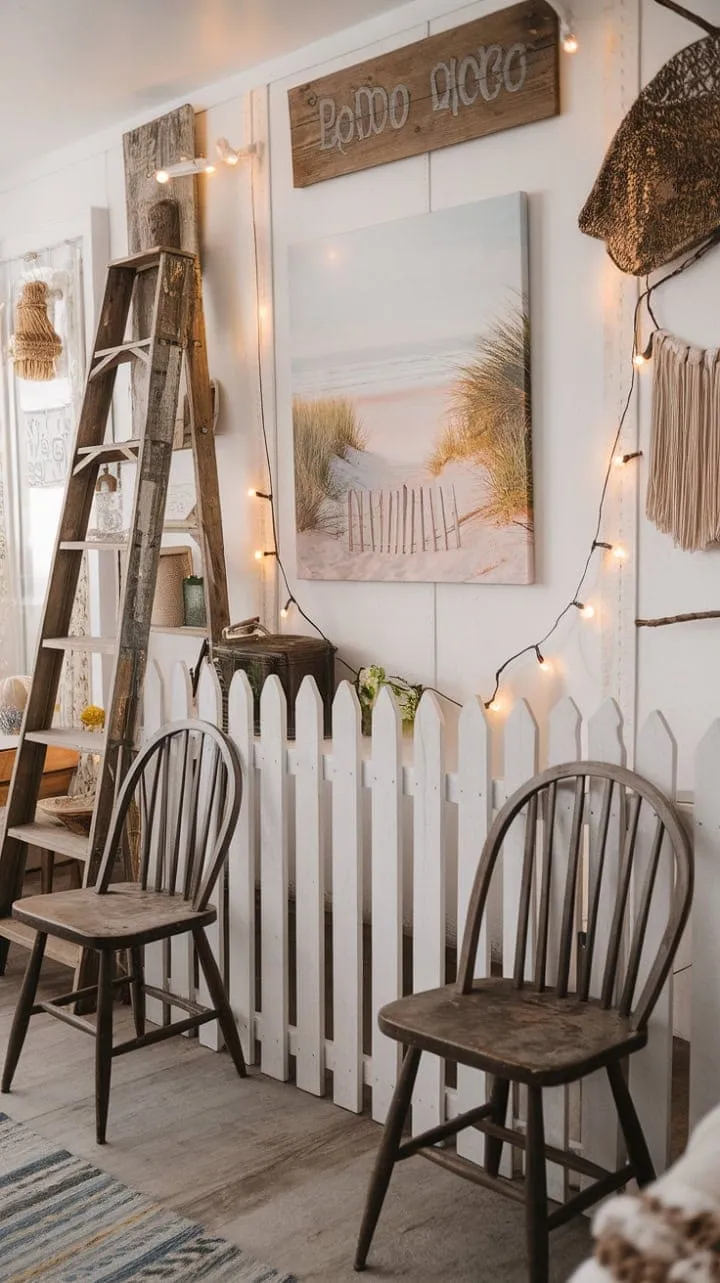 This enchanting boho farmhouse retreat harmoniously blends coastal charm and rustic comfort, inviting you to relax within its serene seaside-inspired ambiance.