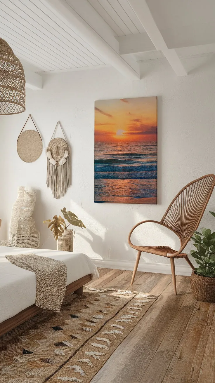 Drift away to coastal dreams in this bohemian farmhouse haven. The whitewashed walls and woven textures create a serene space, perfectly complemented by the sunset canvas and the gentle sway of beachy vibes. A tranquil escape awaits.